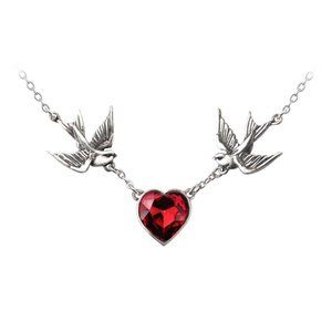 1 LEFT FOREVER, DISC!!  Alchemy Gothic Swallow Red Crystal Heart Necklace NWT